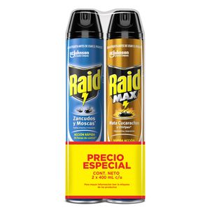 Raid Insecticida Zancudos Y Moscas X 400 Ml + Raid Max Aerosol X 400 Ml Precio Especial
