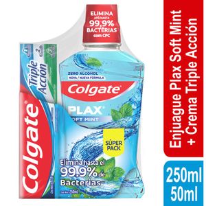Enjuague Bucal Colgate Plax Soft Mint X 250 Ml + Crema Dental Colgate T Accion X 50 Ml Super Pack