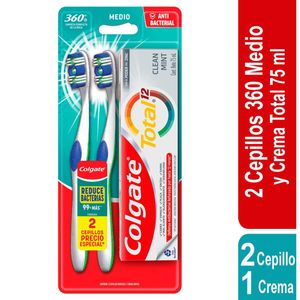 Cepillo Dental Colgate 360 Medio X 2 Und + Crema Dental Colgate Total 12 X 75 Ml