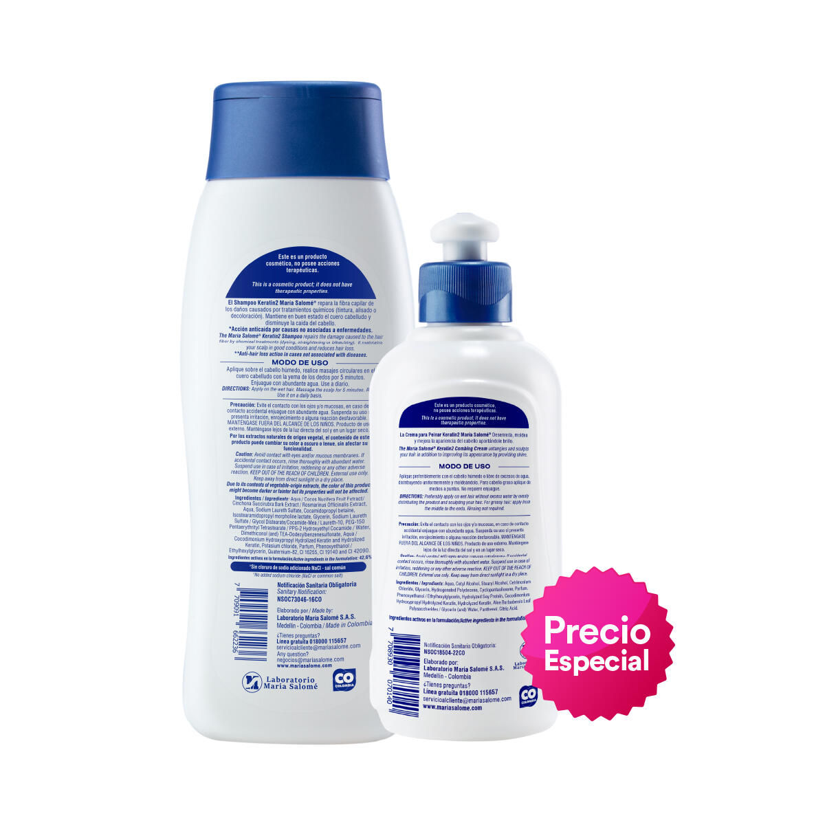 SHAMPOO MARIA SALOME KERATIN2 SIN SAL FRASCO X 400 GR + CREMA PEINAR KERATIN2 FRASCO X 350 ML P.ESP